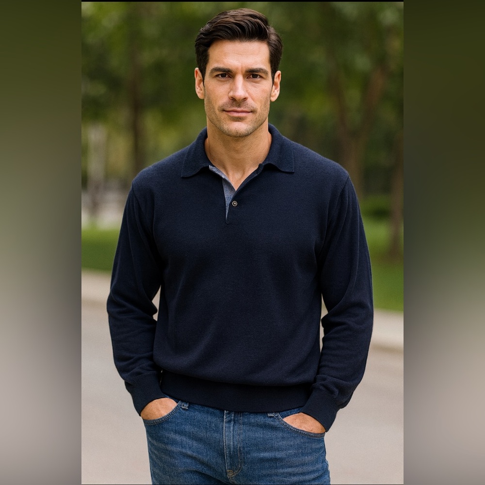 Vintage Valentino Men’s Wool-Blend Polo Sweater – Navy | Size S